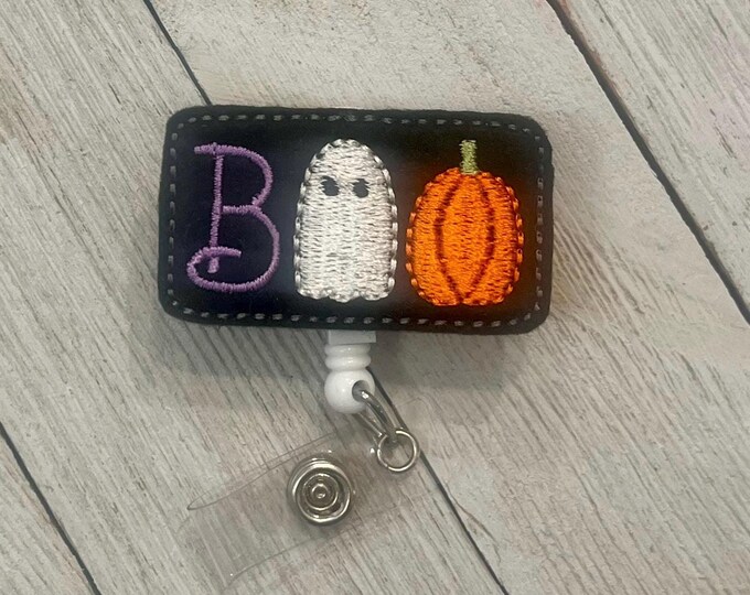 Boo badge holder, boo feltie, ghost feltie, retractable reel, badge pull