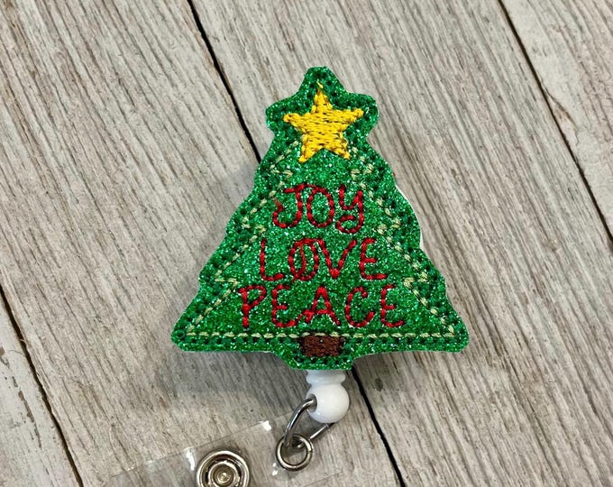 Glitter Christmas tree badge reel, joy Christmas tree ID holder, glitter tree feltie, badge pull