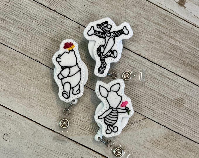 Bear badge holder, pig badge holder, tiger badge holder, storybook felties, badge pull