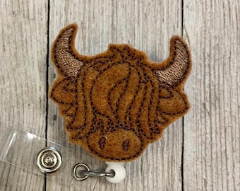 Highland Cow Felt Badge Reel - Retractable ID Holder