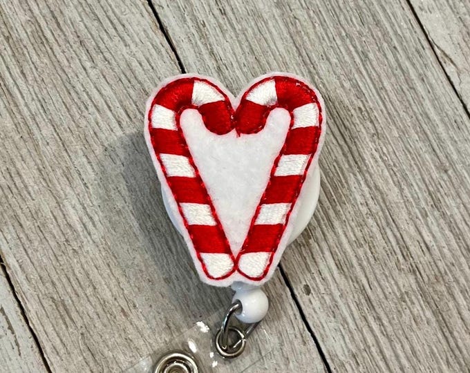 Candy cane heart badge reel, candy cane ID holder, candy cane feltie, badge pull