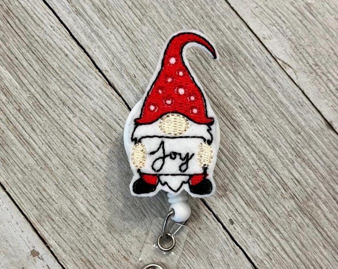 Joy gnome badge reel, holiday gnome ID holder, Christmas gnome feltie, badge pull, lanyards