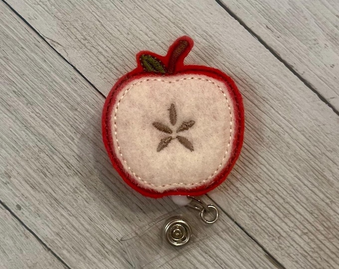 Sliced apple badge holder, Apple ID holder, Apple feltie, fruit badge, retractable reel, badge pull