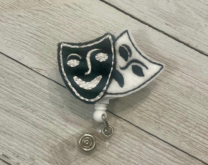Drama badge holder, Actor badge, drama masks, drama felties, retractable reel, badge reel
