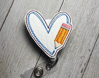 Vinyl heart Badge Holder: pencil Decor, Retractable ID Reel