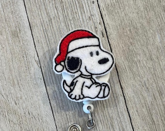 White Dog in Santa Hat Badge Reel: Feltie ID Holder