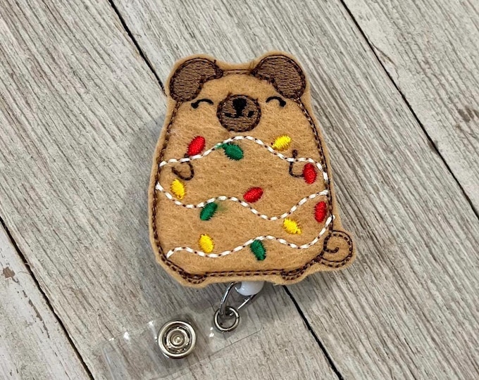 Christmas lights on Pug badge reel,  holiday pug ID holder, pug with lights feltie, badge pull