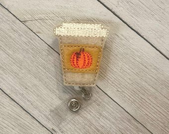 Pumpkin Spice Latte Felt Badge Holder: Retractable ID Reel