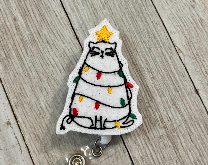 Kitty wrapped in Christmas lights badge reel, cat with lights ID holder, kitty with lights feltie, badge pull