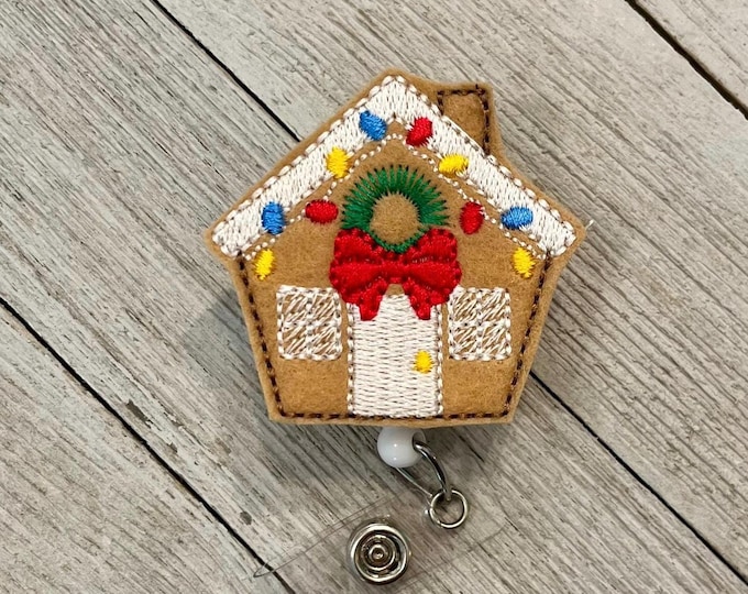 Gingerbread house badge reel, Gingerbread house ID holder, gingerbread house feltie, badge pull