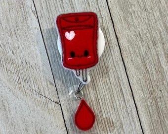 Happy IV Bag Felt Badge Reel, Blood Drop Badge Holder