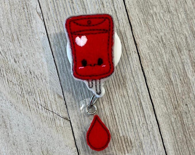 Happy IV bag badge reel, IV badge holder, blood bag feltie, badge pull, blood drop