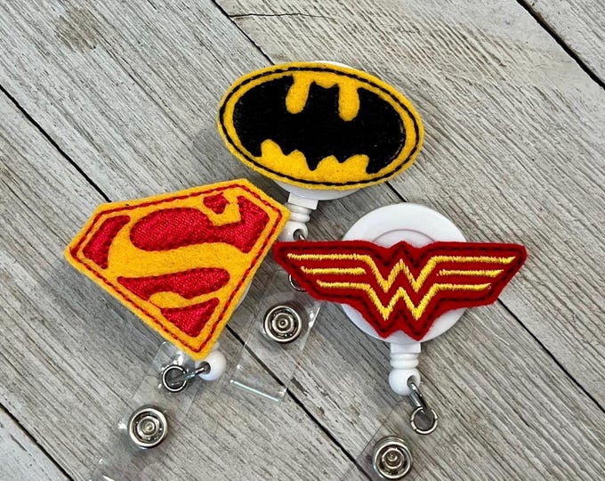 Super hero badge reel, super hero badge holder, super hero emblem feltie, badge pull