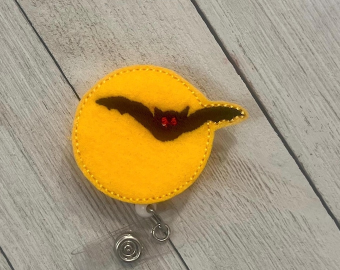 Bat and moon badge holder, moon badge, bat badge, bat feltie, retractable reel, badge pull