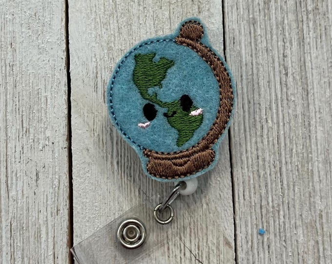 World globe badge holder, retractable reel,  School badge holder, globe feltie