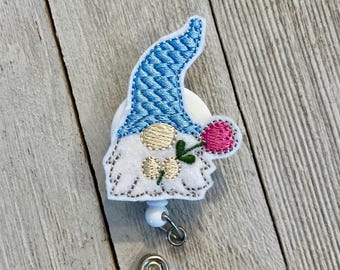 Gnome Felt Badge Reel: Retractable ID Holder, gnome with flower