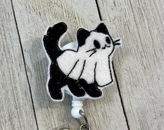 Ghost Kitten Felt Badge Reel: Black Cat ID Holder