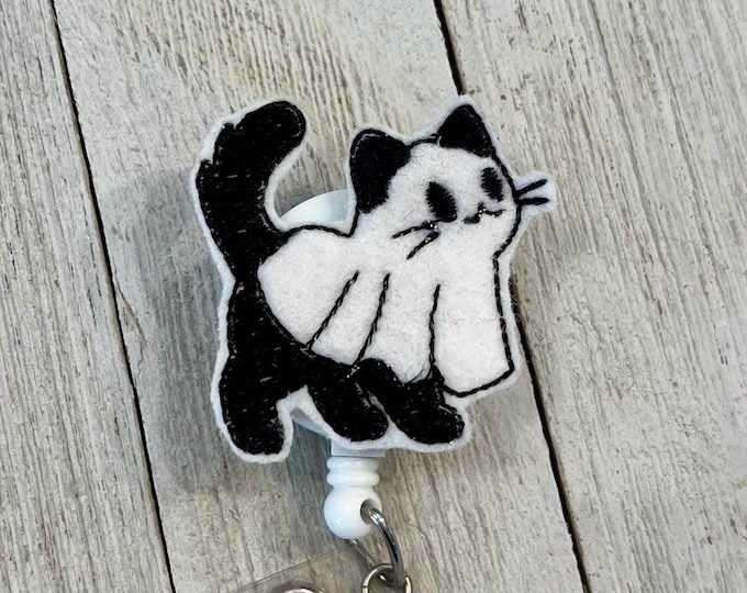 Ghost Kitten Felt Badge Reel: Black Cat ID Holder