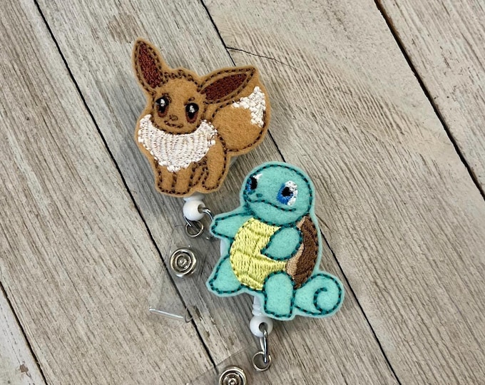 Cartoon badge reel, catch them all badge, anime feltie, badge pull
