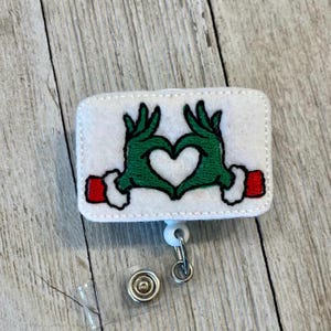 Heart hands badge reel, green hand heart ID holder, heart hands feltie, badge pull