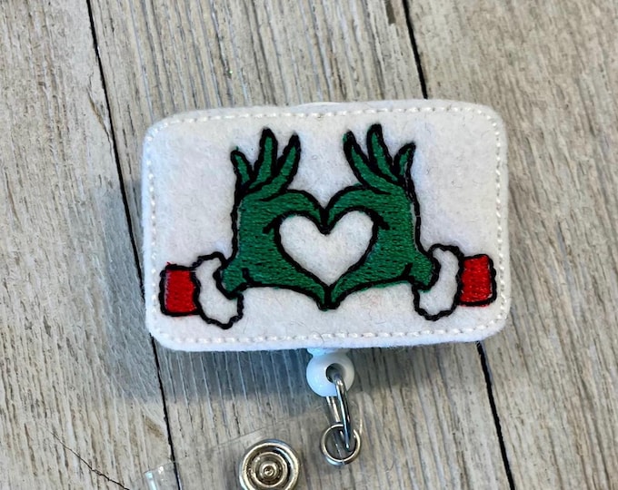 Heart Hands Felt Badge Reel: Green ID Holder