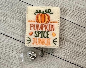 Pumpkin Spice Felt Badge Holder: Retractable ID Reel, Autumn Accessory