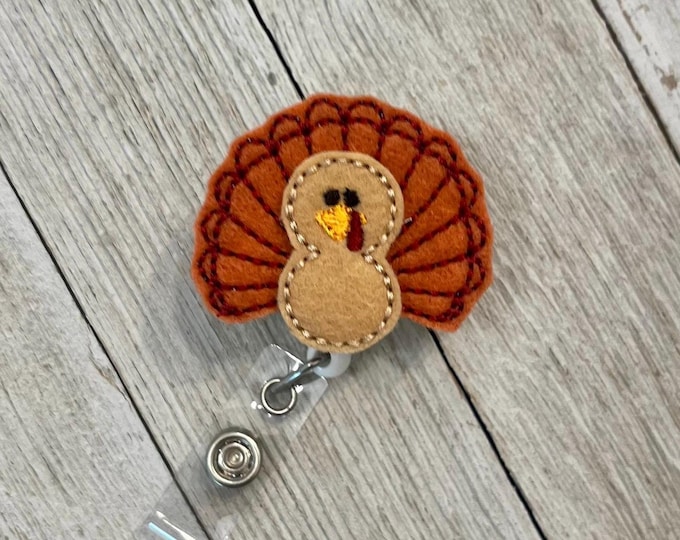 Turkey badge holder, turkey with pumpkin on snap, turkey ID holder, retractable reel