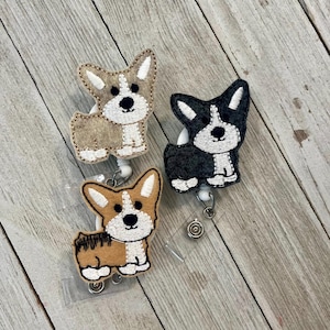 Corgi badge holder, tri colored corgi badge, corgi feltie, corgi with bow, badge pull