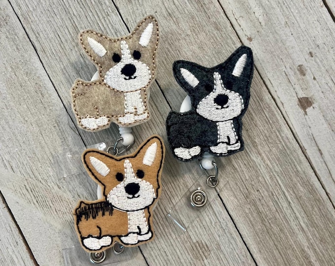 Corgi badge holder, tri colored corgi badge, corgi feltie, corgi with bow, badge pull