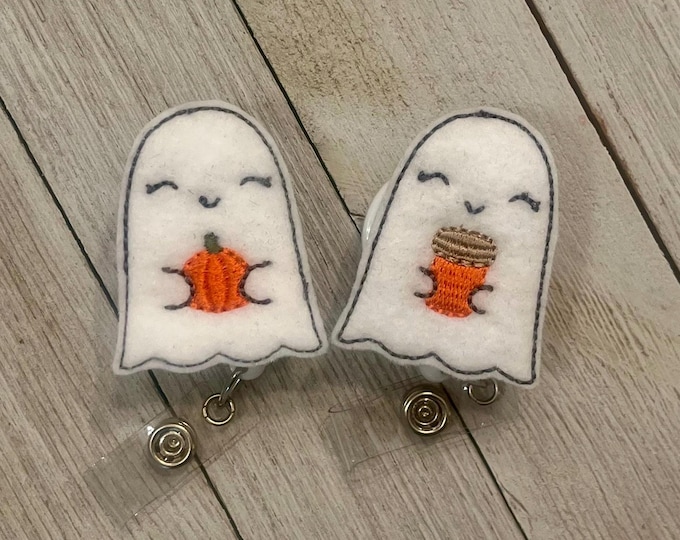 Ghosts badge holder, pumpkin ghost badge, latte ghost badge, ghost feltie, retractable reel, badge pull