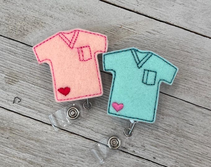 Scrub top badge reel, scrub top ID holder, scrub top feltie, badge pull