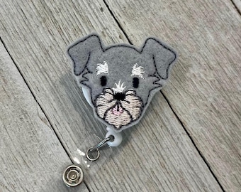 Schnauzer badge reel, schnauzer, ID holder, schnauzer dog face badge holder, schnauzer feltie, badge pull