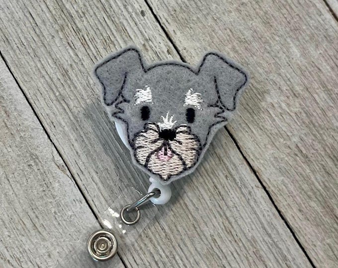 Schnauzer badge reel, schnauzer, ID holder, schnauzer dog face badge holder, schnauzer feltie, badge pull