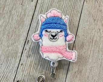 Winter Llama Felt Badge Reel: Holiday ID Holder