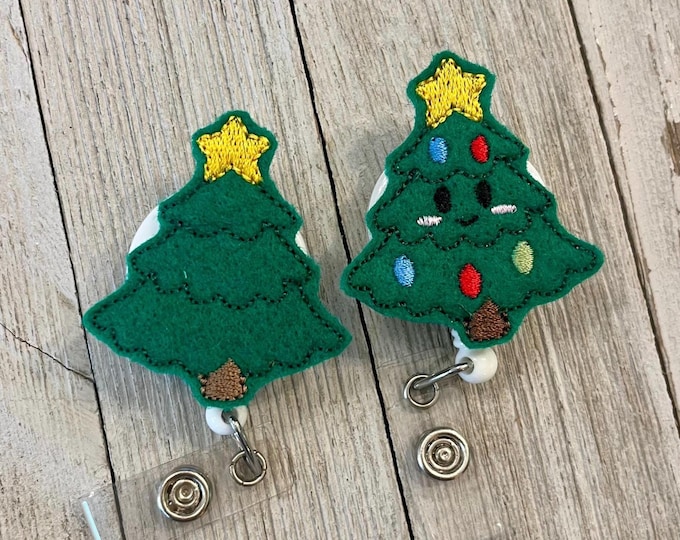 Happy Christmas tree badge real, cute Christmas tree ID holder, smiling Christmas tree feltie