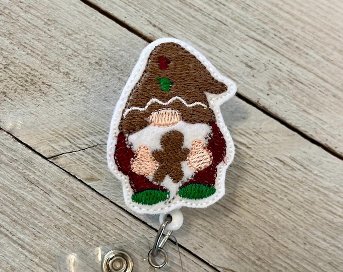 Gingerbread gnome badge reel, Christmas gnome feltie, badge pull