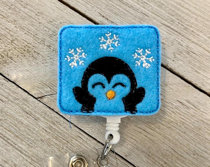 Snowflake penguin badge reel, penguin feltie, badge pull