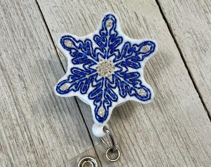Glitter snowflake badge reel, ID holder, Wi there feltie, badge pull