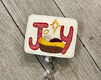 Joy manger badge real, Joy Nativity ID holder, joy baby Jesus feltie, badge pull