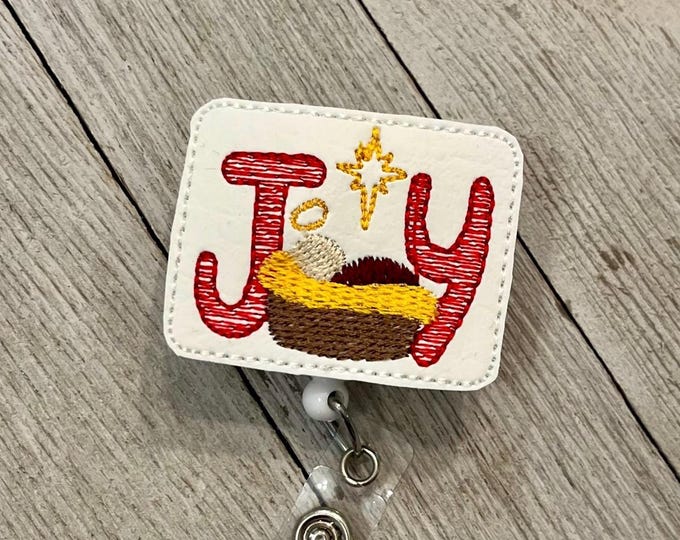 Joy manger badge real, Joy Nativity ID holder, joy baby Jesus feltie, badge pull