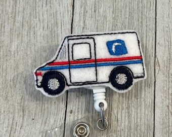 Mail truck badge reel, postage ID holder, mailman feltie, badge pull