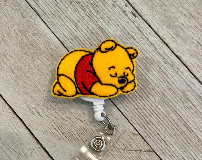 Sleeping Bear badge holder, bear feltie, cartoon bear badge, badge pull