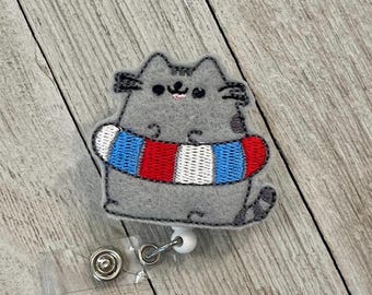 Pudgy cat with innertube, cat with innertube badge holder, gray cat feltie, summer cat, badge pull