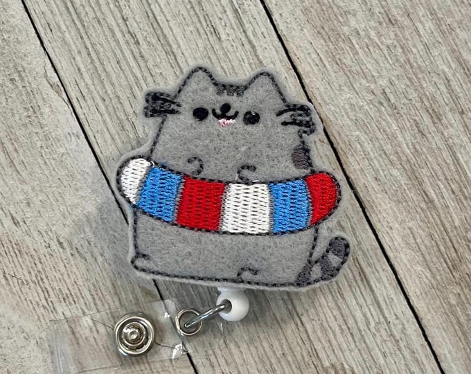 Pudgy cat with innertube, cat with innertube badge holder, gray cat feltie, summer cat, badge pull