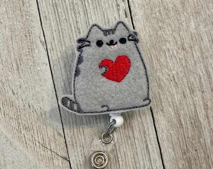 Cat with heart badge holder, cat with heart feltie, kitten ID, badge pull