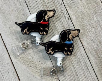 Black Dachshund Badge Holder: Retractable Felt ID Clip