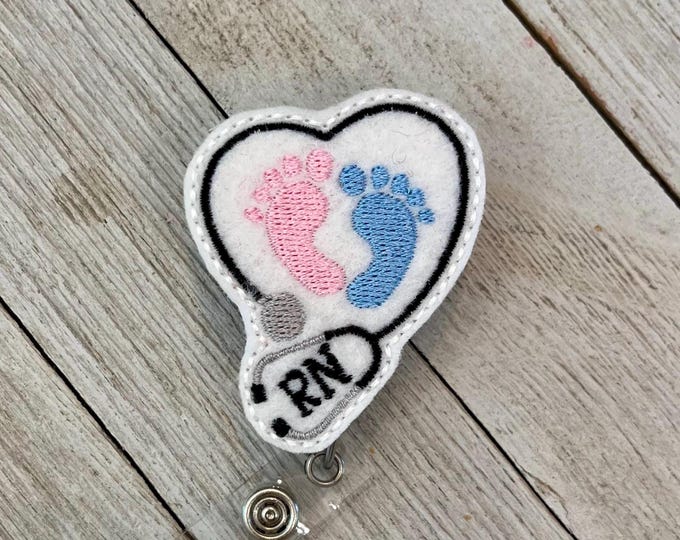 Stethoscope with baby feet badge reel, OB ID holder, baby feet feltie, badge pole