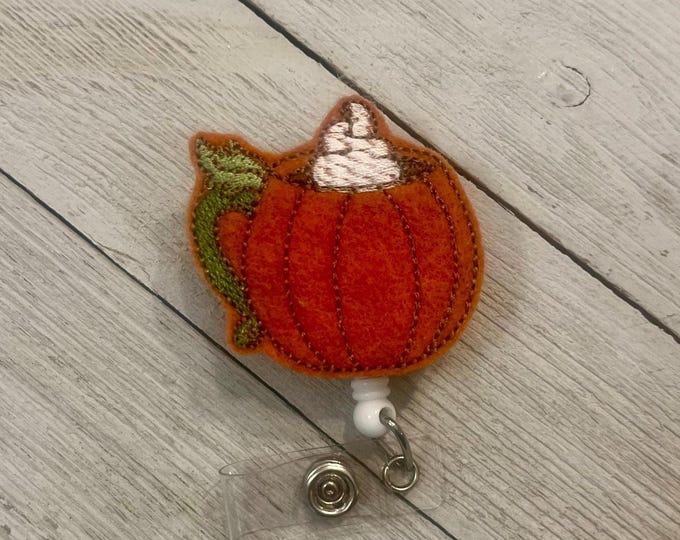 Pumpkin mug badge holder, pumpkin latte, pumpkin mug feltie, retractable reel, badge pull