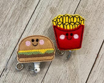 Hamburger badge reel, French fries ID holder, Burger feltie, badge pull