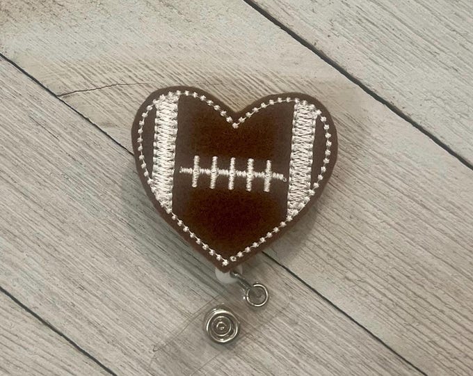 Football heart badge holder, football badge, football feltie, retractable reel, badge pull